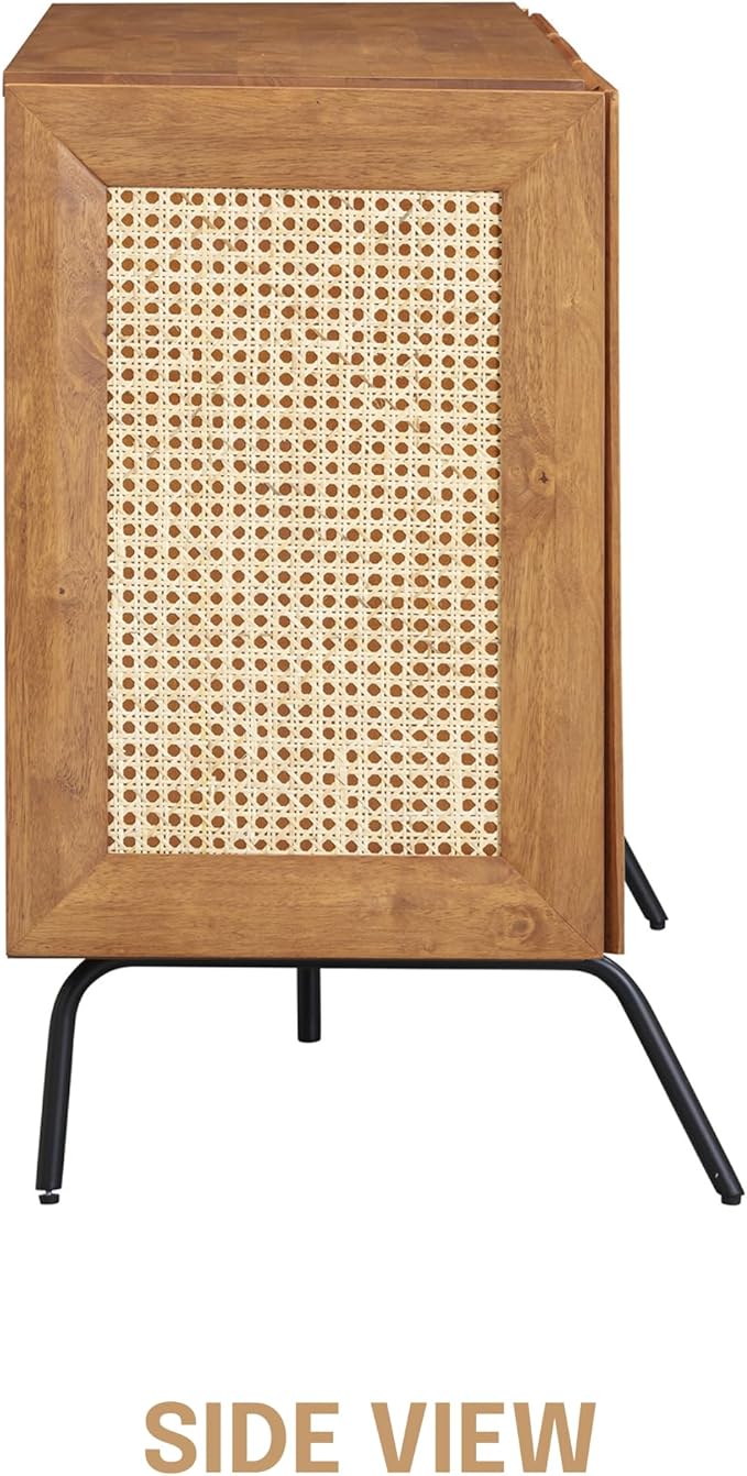 NTC MOSSIC Modern Sideboard with 3 Doors, Natural Rattan Storage Cabinet, Buffet with Metal Legs, Boho Accent Cabinet for Living Room, and Entryway, Effortless Assembly, Teak Look