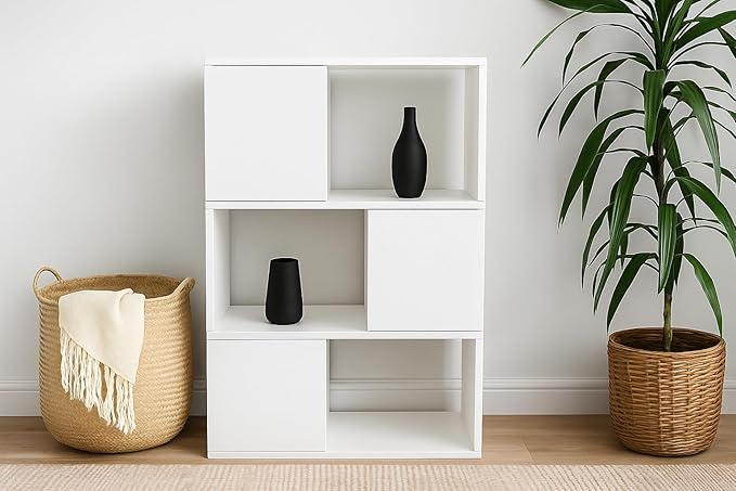 GHC 3 Tier Bookshelf, Wood Decorative Storage Shelving, Modern Freestanding Display Shelves, Tall Book Shelf Unit for Living Room, Bedroom, Office-White