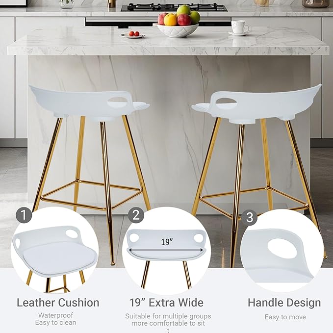 Sidanli Bar Stools Set of 2, Gold Bar Stools, Counter Height Stools with Leather Padded Seats and Footrests, 26 Inch White Barstools for Kitchen Island, Farmhouse or Home Bar
