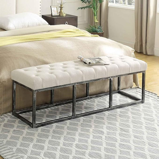 24KF Upholstered Tufted Long Bench with Metal Frame Leg, Linen Bench Ottoman with Padded Seat-Ivory