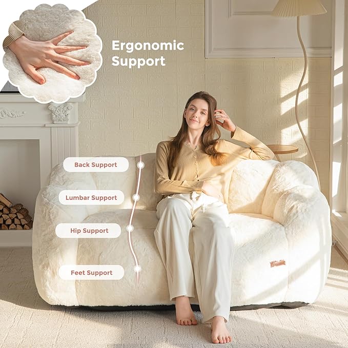 MAXYOYO Bean Bag Chair for Adults, Loveseat Floral Shaped Bean Bag Sofa, Ultra Soft Love Seat Mini Sofa Couch, Faux Fur Reading Chair for Living Room Bedroom, Beige