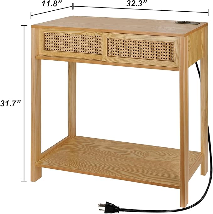 Console Table with Charging Station, Small Vanity Desk, 32" Console Tables for Entryway Table Rattan Dresser Entry Table Narrow Console Table Modern Hallway Table Boho Sofa Table for Living Room
