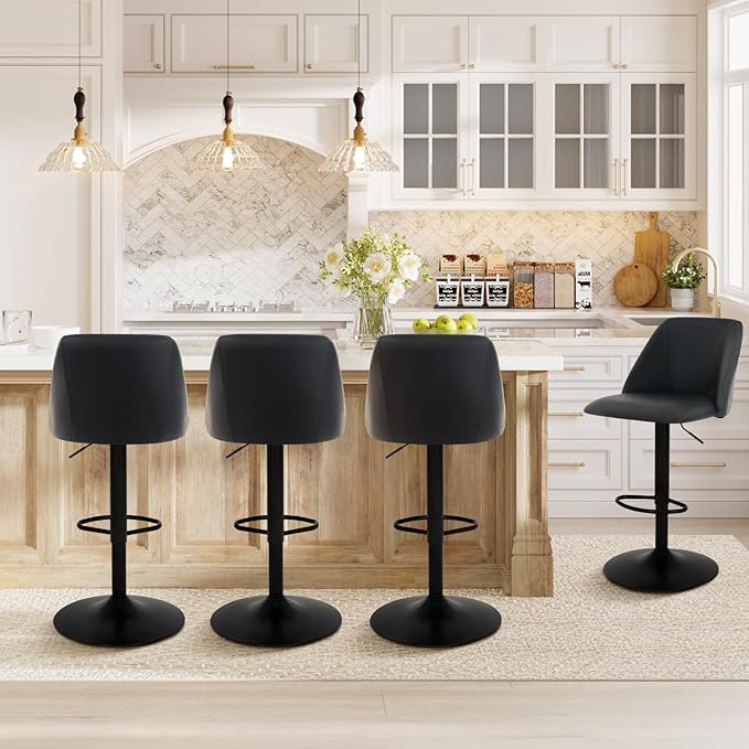 COLAMY Bar Stools Set of 3, Modern Swivel Bar Chairs, Adjustable PU Leather Upholstered Barstools Counter Height with Full Backrest for Bar, Dining Room, Kitchen Island, Black