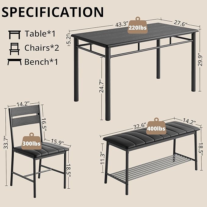 IRONCK Dining Table Set for 4, Kitchen Table with Upholstered Bench and 2 Chairs, Kitchen Table and Chairs Set for Small Space, Apartment, Black