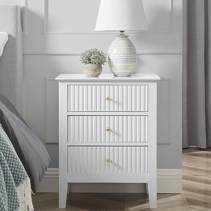 OCANDO White Bed Side Table with 3 Drawers 19" W, Bedroom Nightstand 24" H,Vintage Modern Night Stand,Living Room Fluted End Bedside Tables