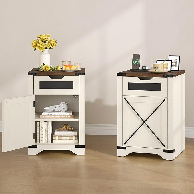 Farmhouse End Table Set of 2 with Charging Station, 26.4" Tall Rustic Nightstand with Drawer and X Barn Door, Antique White Country Bedside Sofa Side Table for Living Room