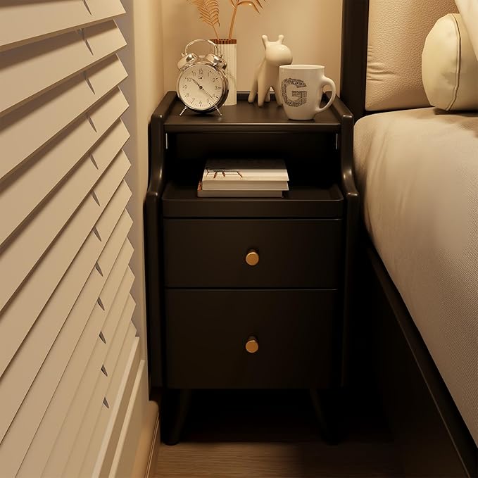 Wood Nightstand, Black Nightstand with 2 Drawers, Bedside Table for Bedroom