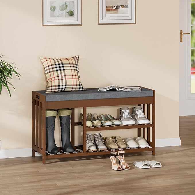 Shoe Rack Bench with Cushion,2 Tiers Shoe Bench with Flip-Top Storage,Wood Shoe Rack for Entryway, Hallway, Bedroom, Front Door Entrance (Brown)