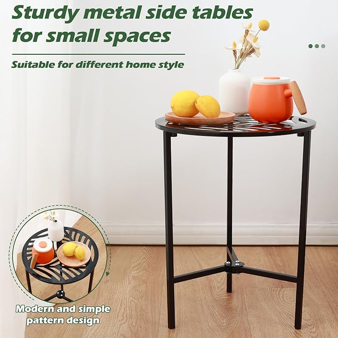 Party Zealot 1 Pack 13" Metal Outdoor Side Tables Small Black Outside End Table for Patio Round Accent Corner Stand for Small Spaces Weather-Resistant Coffee Table for Balcony Porch Plant Stand, Leaf