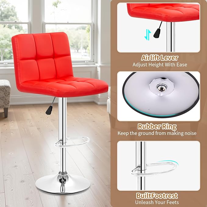 BestOffice Bar Stools Set of 2, Adjustable PU Leather Swivel Barstools, Modern Counter Stools with Back and Footrest, Counter Height Barstools for Bar, Kitchen and Dining Room