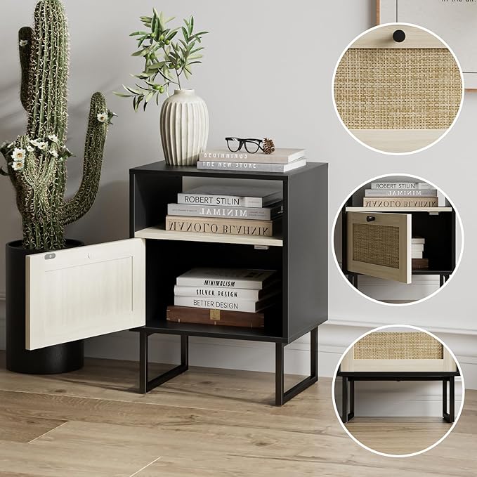 Masupu Boho Night Stand, Small Rattan Side Table, Wood Nightstand with Drawer and White Oak Shelf, Bedside Table, End Table for Bedroom,Living Room,Office (Black Frame)
