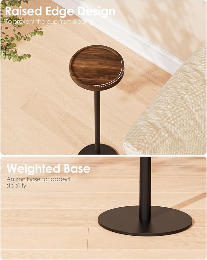 Drink Table, Small Pedestal Side Table, Round Cocktail Table, Circle Accent End Table with Metal Base, for Small Spaces (1, Brown Walnut)