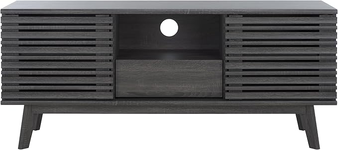 SAFAVIEH ESMA TV Stand for up to 60" Flatscreen – Distressed Black, Low Sideboard with 2 Sliding Doors, 1 Open Shelf, 1 Drawer, Entertainment Media Console (MED9638E)