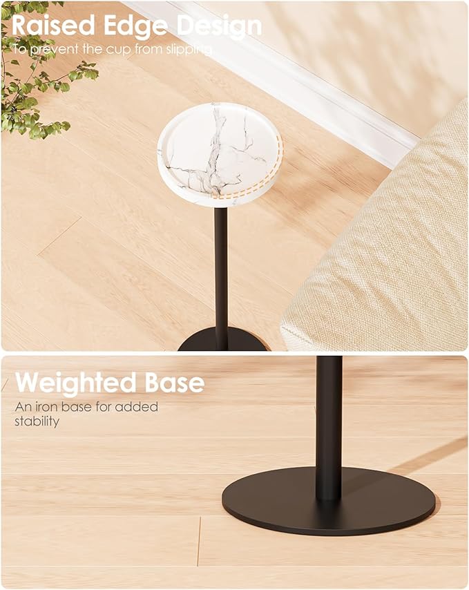 Drink Table, Small Pedestal Side Table, Round Cocktail Table, Circle Accent End Table with Metal Base, for Small Spaces (2, White Marble)