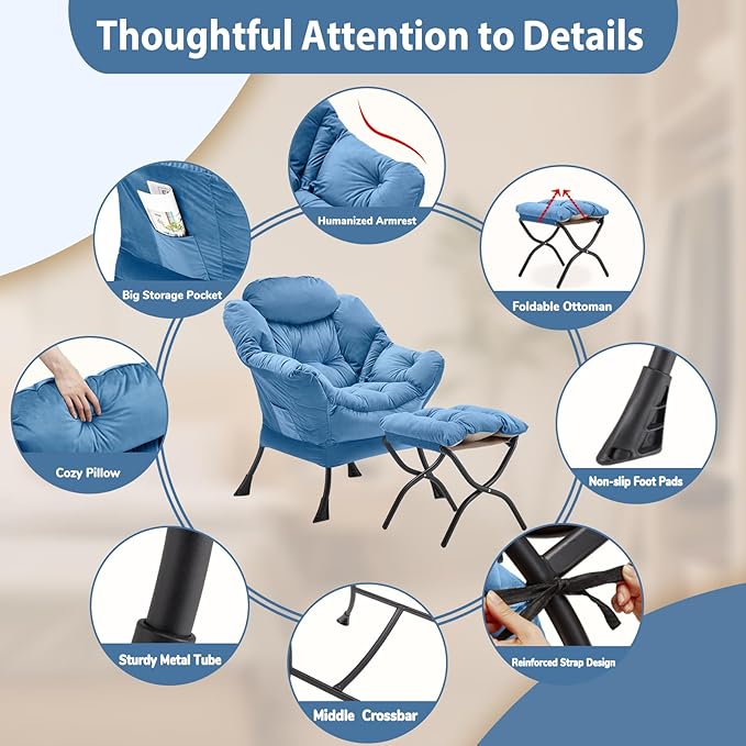 Lazy Chair with Folding Ottoman, Accent Chair Velvet Upholstered with Metal Structure and Non-Slip Pads, Sofa Armchair with Footrest and Side Storage Bag for Dorm, Room, Office, Light Blue
