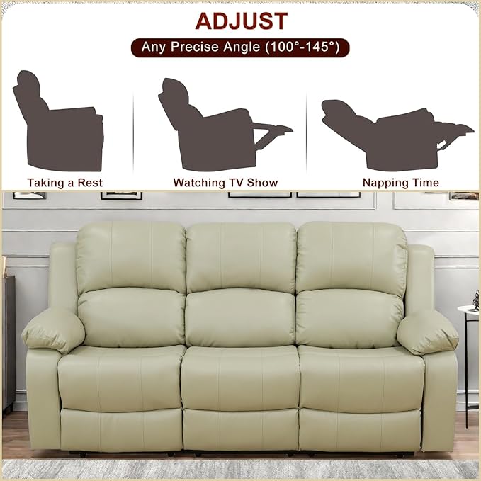 Leather Recliner Sofa Couch, 3-Seater Home Theater Seating Reclining Sofa, Power Reclining Couch with Cup Holders & Drop Down Table for Living Room Furniture Sets, Khaki