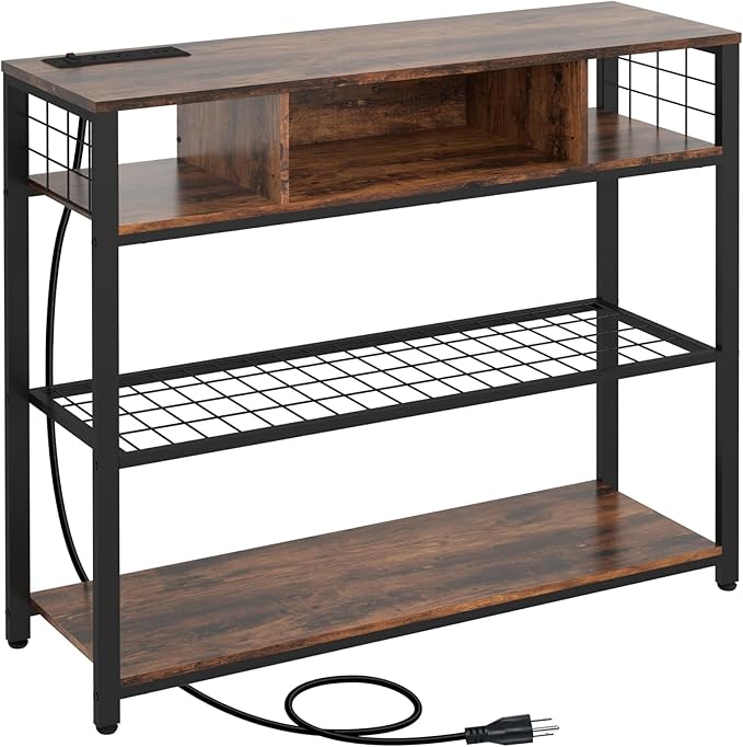 Console Tables with Charging Station, 4 Tier Narrow Sofa Tables with Storage Shelves, Entryway Tables with Outlet and USB Ports, Behind Couch Table for Living Room Hallway, Rustic Brown