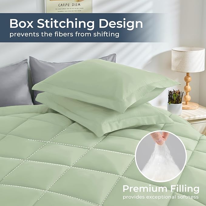 HEVUMYI Queen Comforter Set - 7-Piece All Season Bed in a Bag Queen, Ultra Soft Bedding Set with Comforter, Flat Sheet, Fitted Sheet, Pillowcases, Pillow Shams, Sage Green & Light Grey