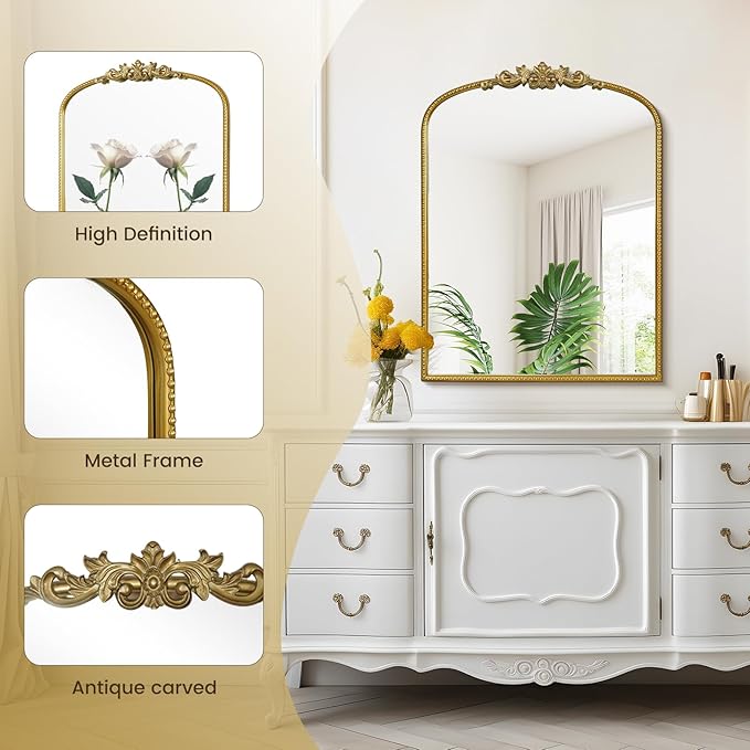 WallBeyond Gold Vintage Mirror - 24x32 Inch, Arched Antique Mirror with Ornate Frame for Bathroom, Living Room, Fireplace, Entryway