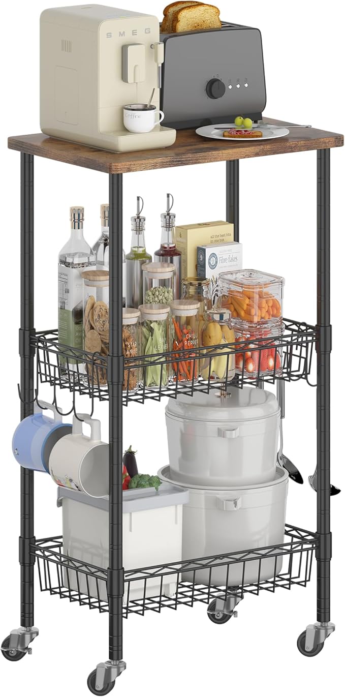 Rolling Kitchen Storage Cart, 3-Tier Storage Rack on Caster Wheels with Adjustable 2 Baskets, Coffee Station Cart Rack Shelf Organizer for Living Room Office, Balcony, Rustic Brown/Black