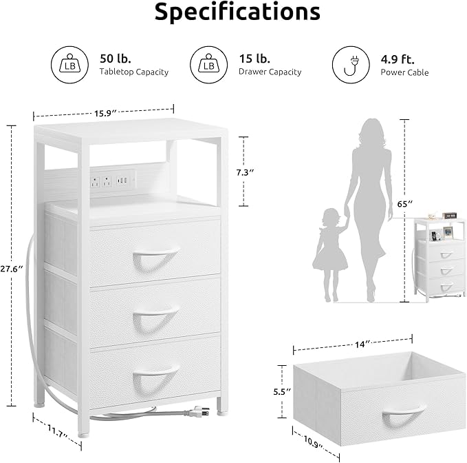 NightStand Bedside Charging Table Bedroom - White Night Stand with Charger Station, USB-C USB Ports & AC Outlets for Dorm, Living Room, Modern End Table with Open Shelf & 3 Fabric Drawers