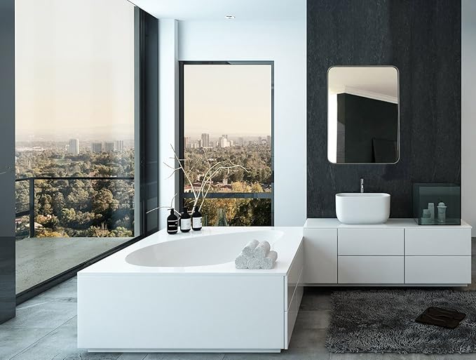 Hamilton Hills 22x30 inch Metal Silver Frame Bathroom Mirror - Brushed Steel Rectangular Rounded Corner Vanity - 2 Inch Deep Set Design - Large Wall Mirror, Hangs Horizontal and Vertical