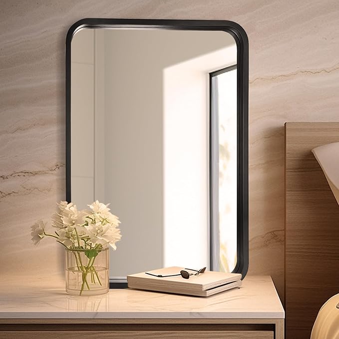 WallBeyond 20x30 Inch Wood Mirror for Bathroom, Wooden Frame Wall Mirror Farmhouse Wall Mounted Rectangle Mirror for Vanity (Horizontal/Vertical Black Color)