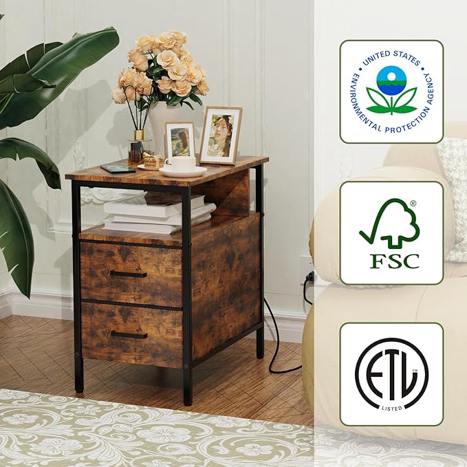 End Table with Charging Station, Narrow Side Table with 2 Fabric Drawer & Storage Shelf, USB Ports & Power Outlets, Narrow Nightstand for Bedroom Living Room and Small Spaces, Rustic Brown