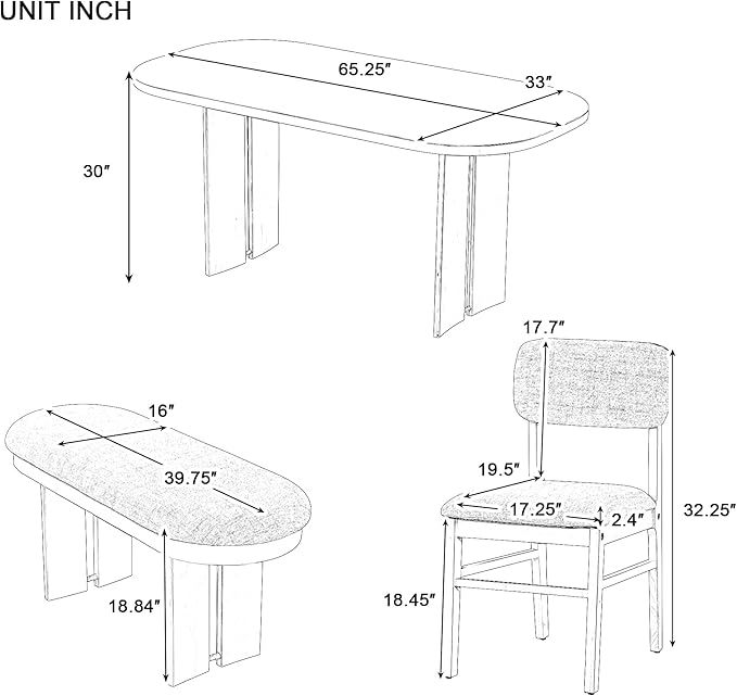 Ball & Cast Wood Dining Table Set with Bench,6-Piece Upholstered Rectangular Set w/ 4 Upholstered Chairs,Curved Profiles Kitchen Furniture Suitable Big Family Gatherings,Espresso