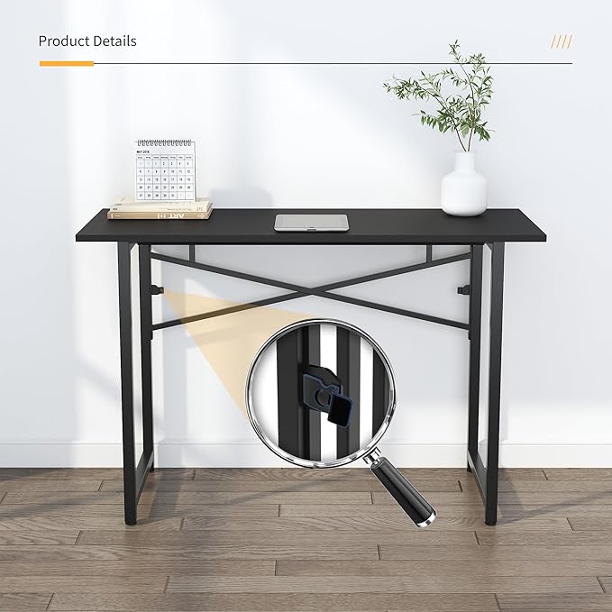 Folding Computer Desk 47 inch Writing Gaming Computer Camping Table, No Assembly Required Home Office Desk, Black
