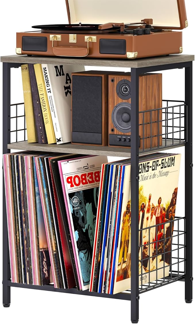 X-cosrack Record Player Stand with Storage Up to 100 Albums, 3 Tier Vinyl Record Storage for Living Room, Turntable Stand with Record Holder & Display Shelf(Patent Pending)(Greige & Black)