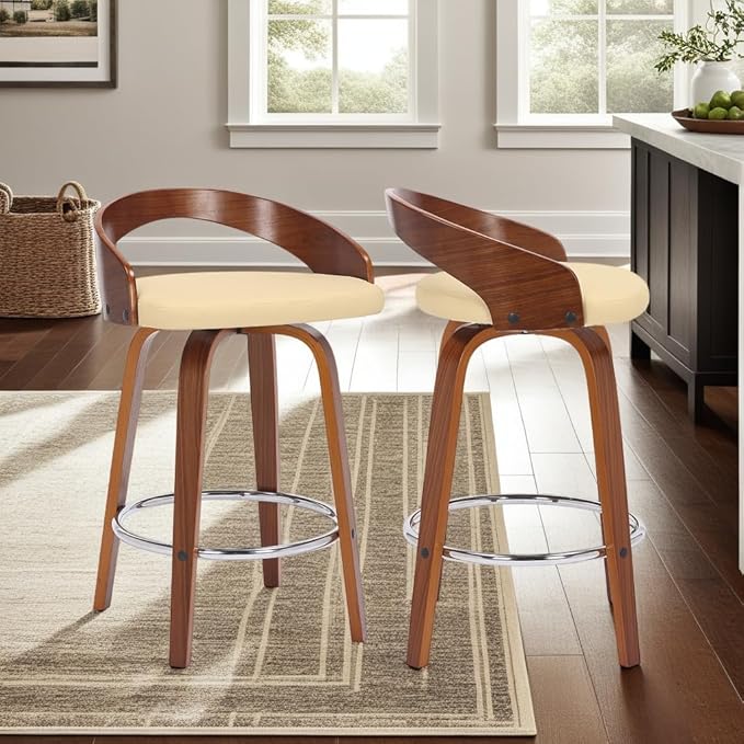 Armen Living Sonia 26" Counter Height Swivel Cream Faux Leather and Walnut Wood Bar Stool
