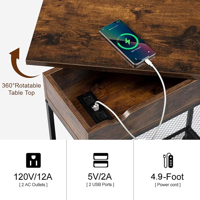 Hadulcet End Table with Charging Station, Couch End Tables Rotating Top Skinny Nightstand with Outlet for Living Room Bedroom Rustic Brown