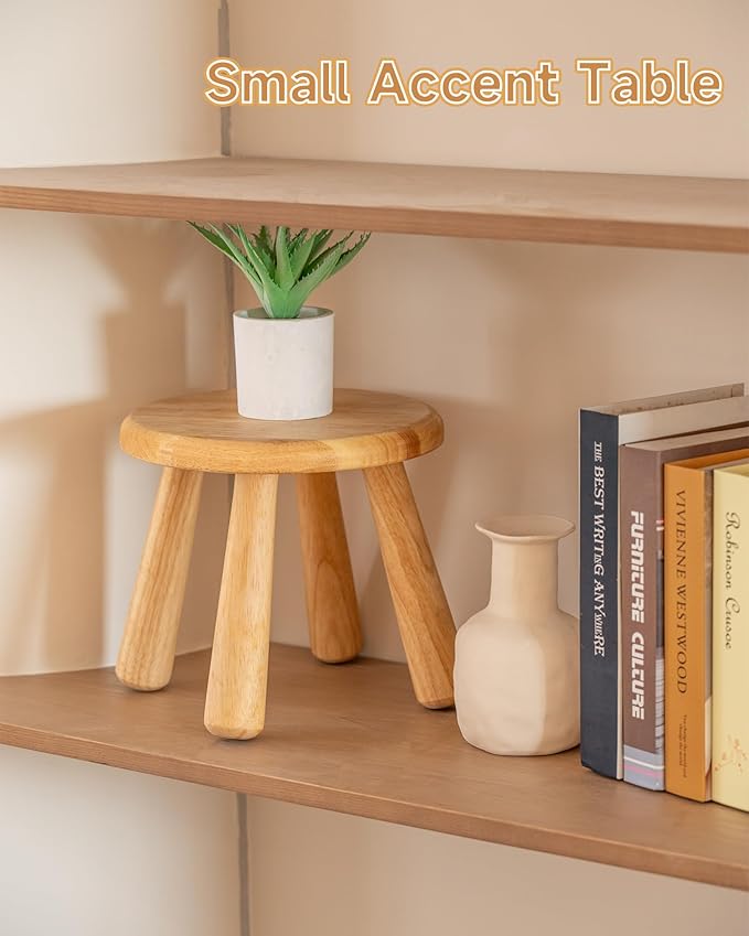 100% Solid Wood Mushroom Step Stool, Small Wooden Stool for Kids & Adults, Plant Stand & Side Table, Compact & Sturdy Footstool for Bathroom, Bedroom, Living Room, Natural (1PC)