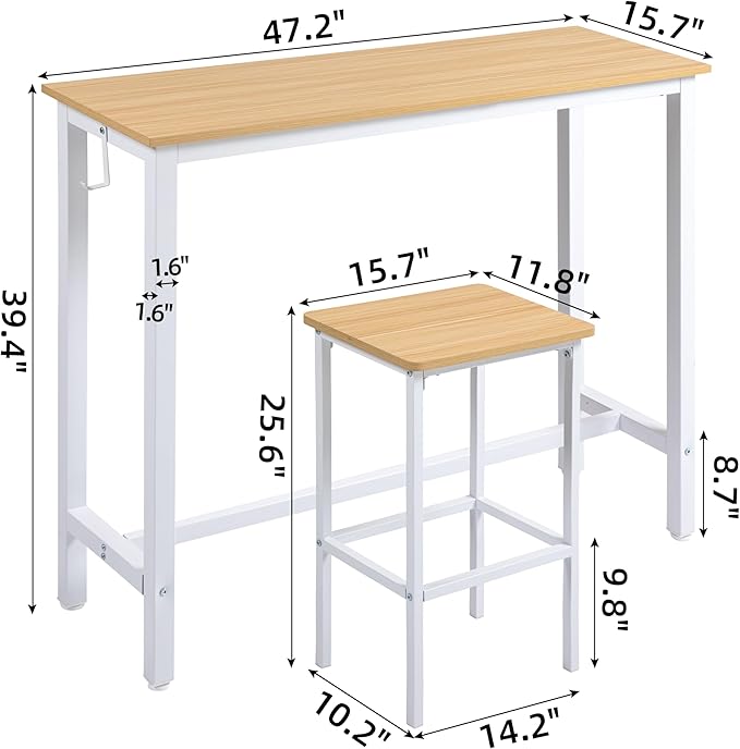 Finnhomy 47" Industrial Bar Table Set with 2 Stools - Counter Height Dining & Pub Table for Small Spaces, Kitchen, Apartment, Breakfast - Metal & Wood, Space-Saving Furniture - Oak Beige and White