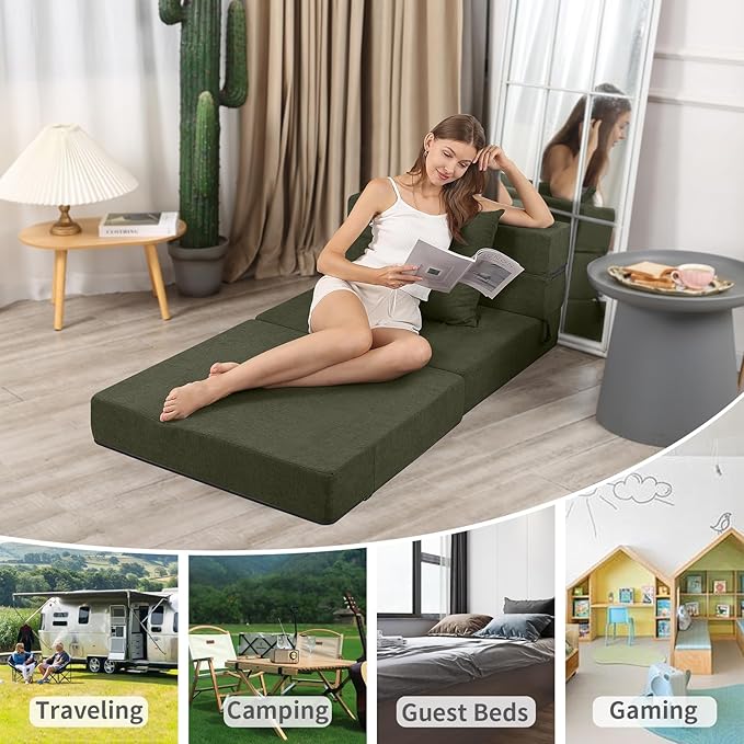 High-Density Memory Foam Folding Sofa Bed with Fluffy Pillow, Single Size, Green