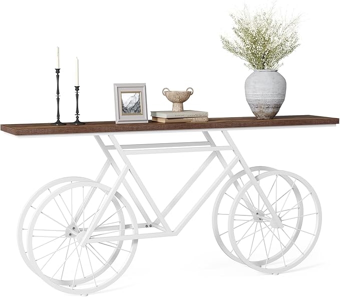 LITTLE TREE Narrow Sofa Table, 70.9-Inch Extra Long Console Table for Living Room, Entryway, with Unique Bicycle Metal Base. White and Brown