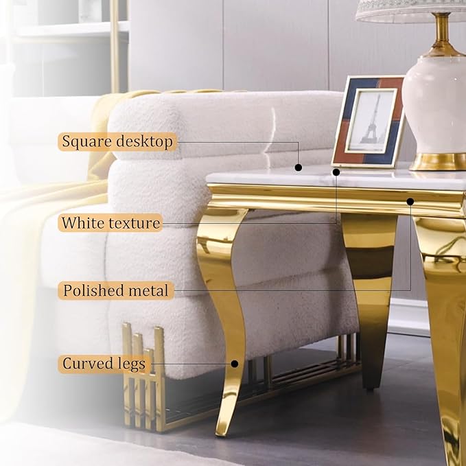 End Table, White and Gold Side Table for Living Room, Bedroom, Glam Stable End Table with Square White Top and Polished Gold Cabriole Legs, Set of 4