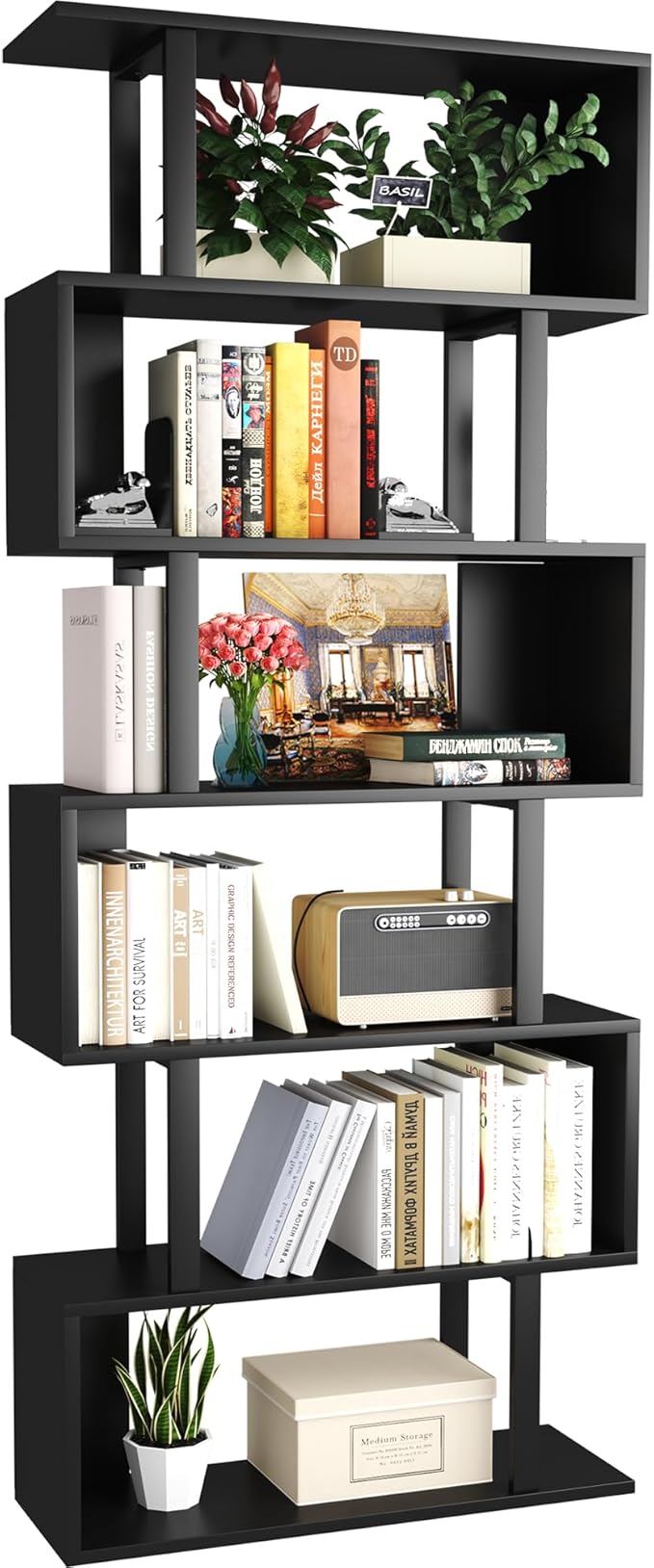 Yusong S Shaped Bookshelf, Modern Geometric Bookcase, 6-Tier Black Display Case Book Shelf
