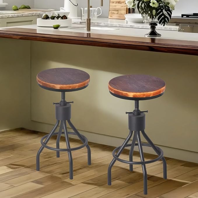Diwhy Industrial Vintage Kitchen Counter Height Adjustable Bar Stool, Farmhouse French Stylish Kitchen Stool, Swivel Chair, Solid Wood Metal Chiar, Easy Installation, Fully Welded Set of 2 (Black)