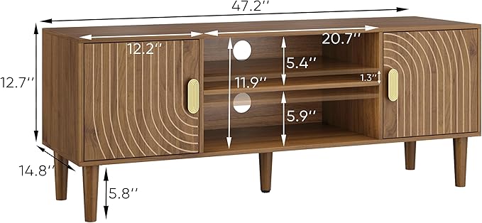 Smuxee Walnut TV Stand with Line Groove Design, 47.2" Mid Century Modern TV Media Console for TVs up to 55", TV Cabinet with Adjustable Shelf & 2 Cabinets for Living Room