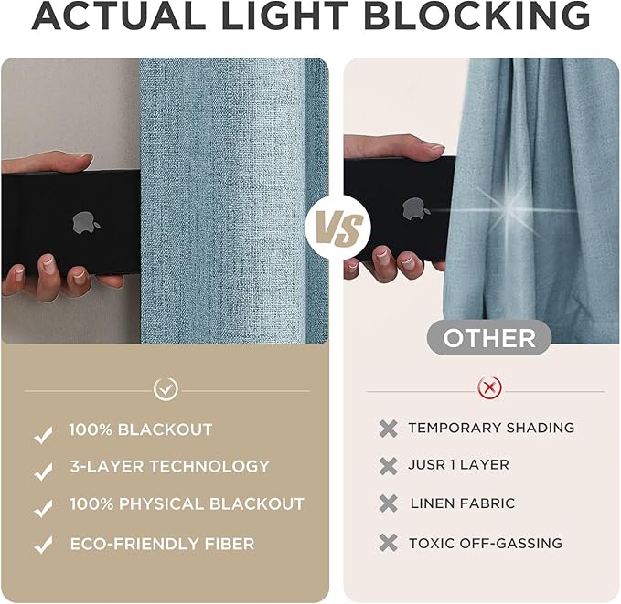 Joydeco 100% Blackout Curtains for Bedroom - Natural Linen Curtains 90" L Long, Thermal Insulated 2 Panels Sky Blue Light Blocking Drapes, Rod Pocket & Back Tabs, Darkening Privacy for Living Room