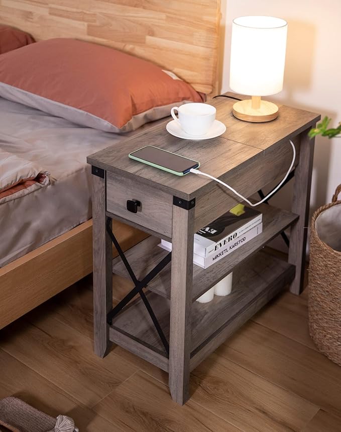 Narrow End Table with Charging Station Farmhouse Slim Side Table with USB Ports and Power Outlets, Nightstand with Flip Top and Storage Drawer, for Small Spaces Living Room Bedroom, Gray