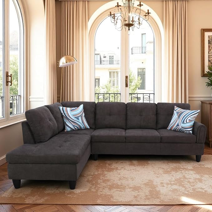 L Shaped Couch Sectional Couches with Chaise, Fluffy Fabric 3 Pieces Modular Convertible Sofa for Living Room Furniture Sets and Small Apartment, Dark Brown