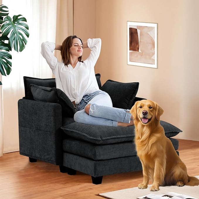 Furniliving Oversized Accent Chairs with Ottoman, Luxury Chenille Single Sofa Couch, Upholstered Deep Seat Chaise Lounge with Pillows for Living Room, Bedroom, Apartment, Black
