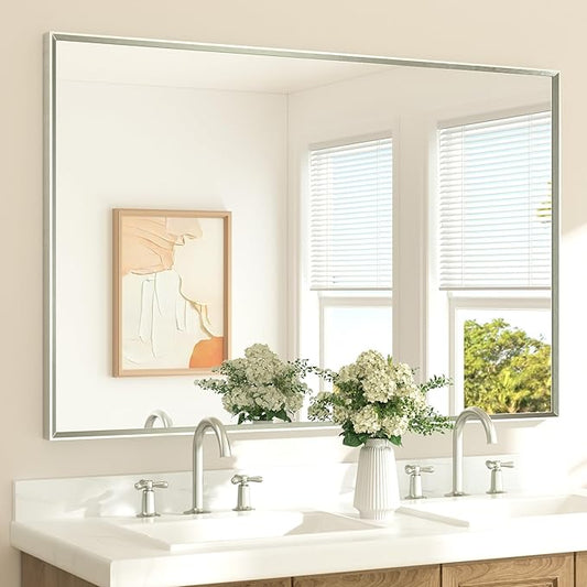 TETOTE Brushed Nickel Bathroom Vanity Mirror 55" x 36" Beveled Framed Bathroom Wall Mirror for Over Sink Brushed Nickel, Tempered Glass, Modern Farmhouse Bedroom, Entryway, Living Room