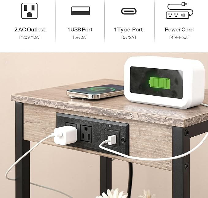 HOOBRO Tall End Table with Charging Station, 30 Inch Tall Nightstand, 3-Tier Side Table with Storage Shelves, for Living Room, Bedroom, Hallway, Greige BG09UDH01G1