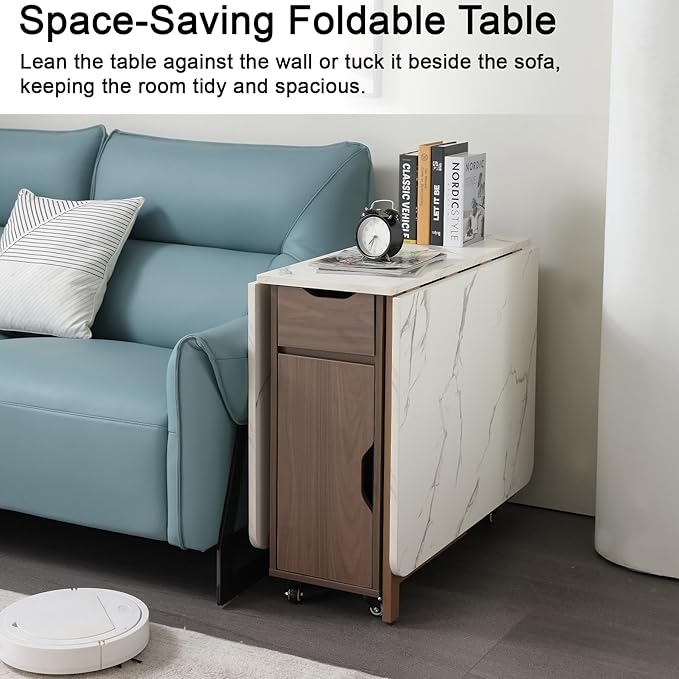 Foldable Space Saving Dining Table Extendable, Folding Dining Table with Storage and Wheels 2-Layers, Versatile Drop Leaf Table Modern for Living Room, Kitchen, RV Campers (Walnut)