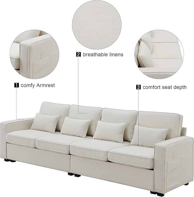 104" 4-Seater Modern Linen Fabric Sofa with Armrest Pockets,Minimalist Style Wood Frame Couch,w/ 4 Pillows,for Living Room,Apartment,Office,Beige