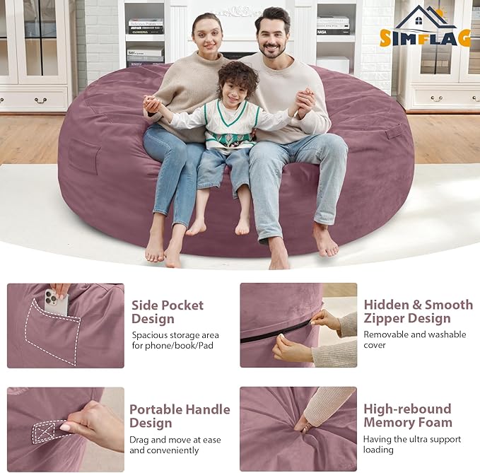 7FT Bean Bag Chair, Large Bean Bag Chairs with Memory Foam Filled, Fluffy Beanbag Sofa with Dutch Velvet Cover, Round BeanBag Chairs for Living Room, Playroom - Dusty Pink